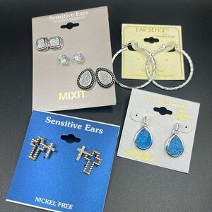 SIX PAIRS NEW ON CARD EARRINGS! Over $30 retail value ! Hoops,studs,crosses +